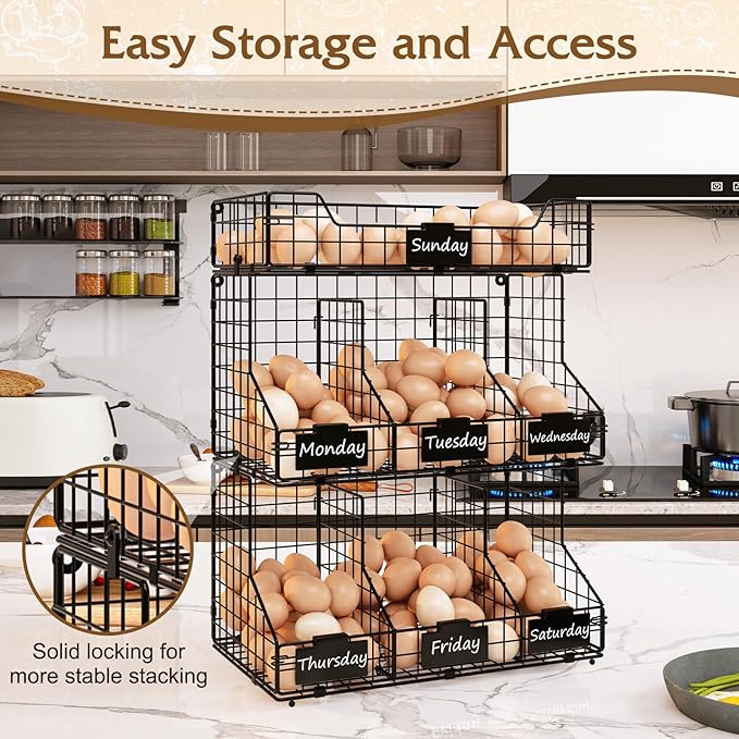 X-cosrack Egg Holder Countertop, 3 Tier Egg Rack with Labels Dividers to Separate Eggs, Stackable Wire Baskets for Fresh Egg, XXL Egg Dispenser for Countertop/Wall-Mounted (Patent Pending)