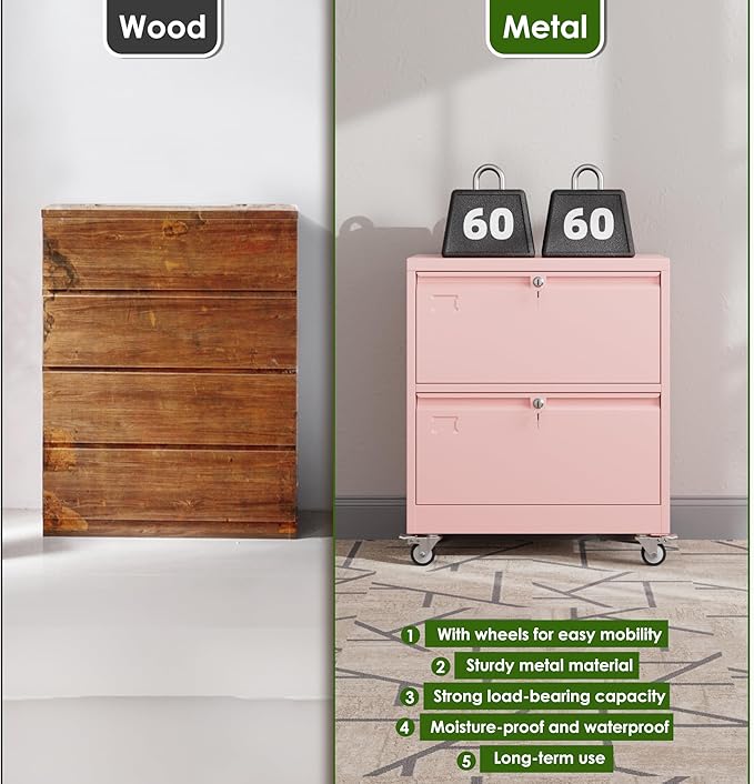 Aobabo Lateral File Cabinet 2 Drawer with Wheels, Lockable Metal Filing Cabinet for Home Office, Legal/Letter Size,Pink,Required Assembled,15.87" D x 28.94" W x 34" H