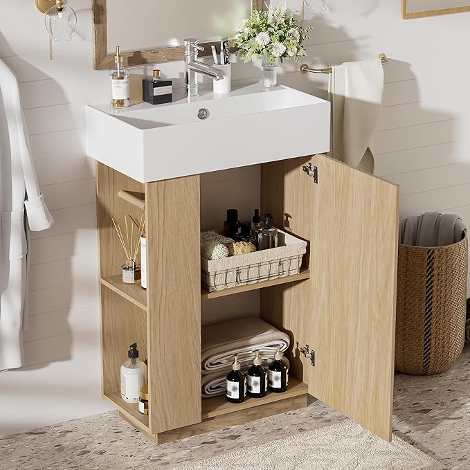 21.6" Small Fluted Bathroom Vanity with Sink,Soft Closing Doors and Storage Shelves,Natural Wood Single Bathroom Sink Cabinet Combo Freestanding, Natural Wood