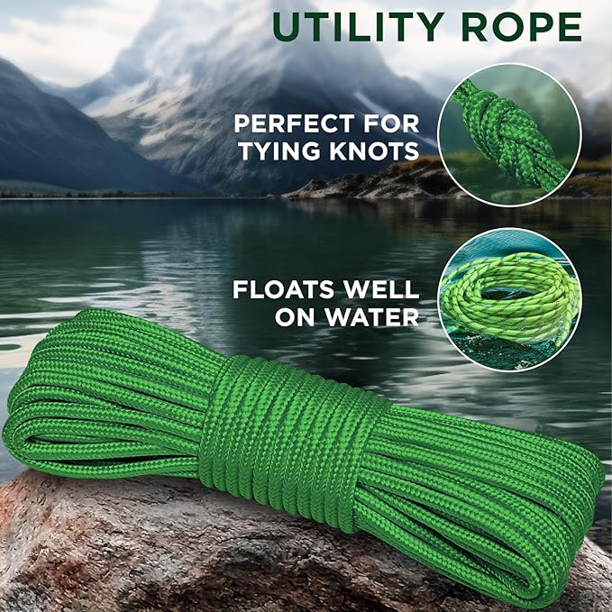 TECEUM Rope – 150 Feet x 1/4 Inch (7mm) – Green – Strong All-Purpose Utility Rope – Camping, Crafting, Flag Pole, Indoor & Outdoor – Polypropylene Nylon Poly Lightweight Diamond Braided Cord