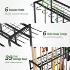 Garden Tool Organizer Rack Up to 39 Tools, Heavy-Duty Steel Yard Tool Organizer for Garage Storage with 12 Hooks, Broom Holder & Garden Tool Rack for Shed, Patio, Outdoor Storage, Black