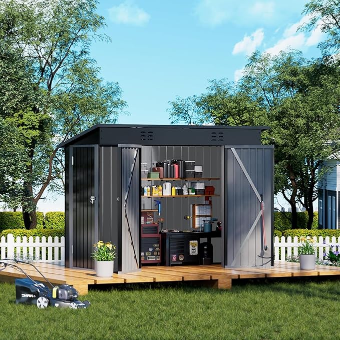 COMHOMA Shed Outdoor Storage Shed Metal,Lockable Doors Tool Sheds with Sloping Roof,Steel Garden Shed with Air Vent for Backyard,Patio,Lawn,Poolside(Grey,8'*4')