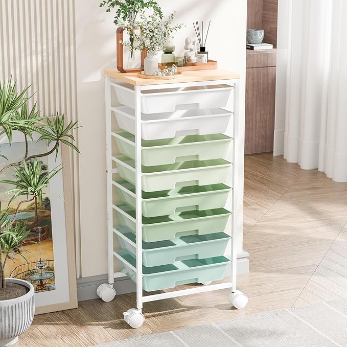 Rolling Cart with 8 Drawers, Storage Drawers Cart with Wooden Tabletop and Lockable Wheels, Utility Cart for Living Room, Office, Classroom, Craft Room, Green