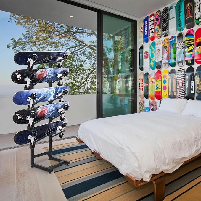 Skateboard Rack, Metal Heavy Duty 5-Tiers Skate Board Organizer, Fitness Equipment Display Rack, Free Standing Snowboard Holder for Home Gym