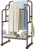 ELYKEN 40'' Tall Standing Towel Racks, 3 Tier Towel Drying Rack Outdoor, Pool Towel Stand Blanket Holder with Shelf & 4 Removable Hooks, Metal Freestanding Towel Racks for Bathroom, Smooth Silver