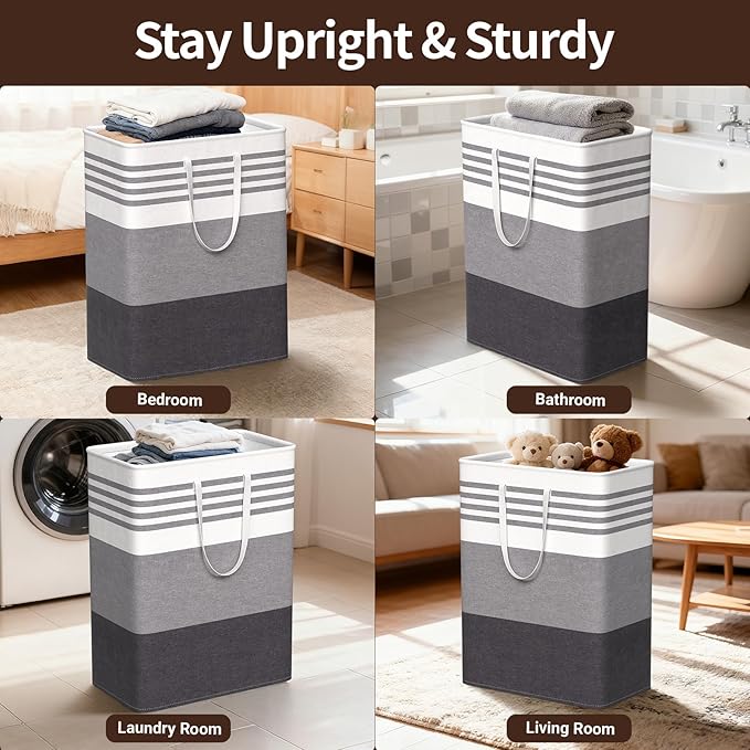 WOWBOX 2 Pack Laundry Hampers Baskets, Freestanding Dirty Clothes Hampers with Reinforced Handles & Cross Stitch & Waterproof Coating, for Laundry Bedroom Bathroom, 2 x 125L