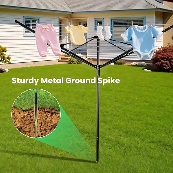 Outdoor Umbrella Drying Rack, 4-Aluminum Arms Folding Rotary Dryer with 12 Lines 165 ft Drying Space Adjustable Height Clothesline w/Waterproof Cover & Ground Spike for Garden Backyard(Black)
