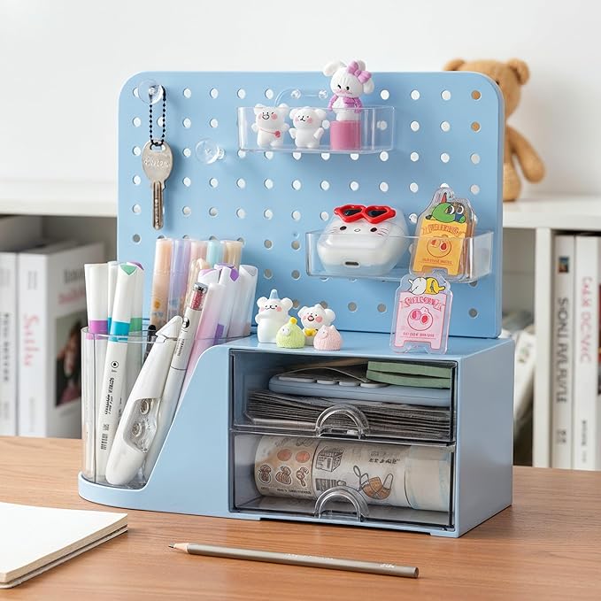 Comix Desk Organizer with 2 Drawer, Multifunctional Pen Holder for Desk, Desktop Organizer with Pegboard + Drawer + 5 Slots Pencil Holder for Office Home Art Supplies (Blue)
