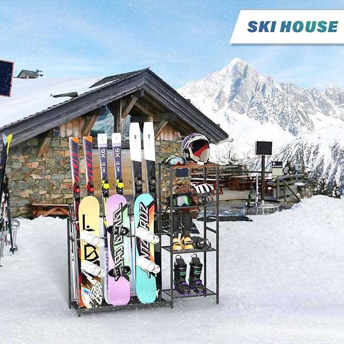 Freestanding Snowboard Rack - 4 Pair Ski, 3 Pack Snowboard, Boot, Pole, Goggles, Helmet Rack for Garage, Shed, Basement