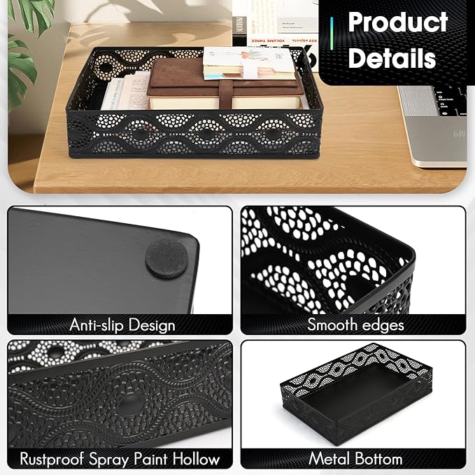 Desk Drawer Organizer, A4 Large Metal Mesh Desk Rrganizer Tray, Carved Hollow Floral Tray, Versatile Storage Box Set for Office Home Supplies,13x9x3 inches (Curved,1 PC)