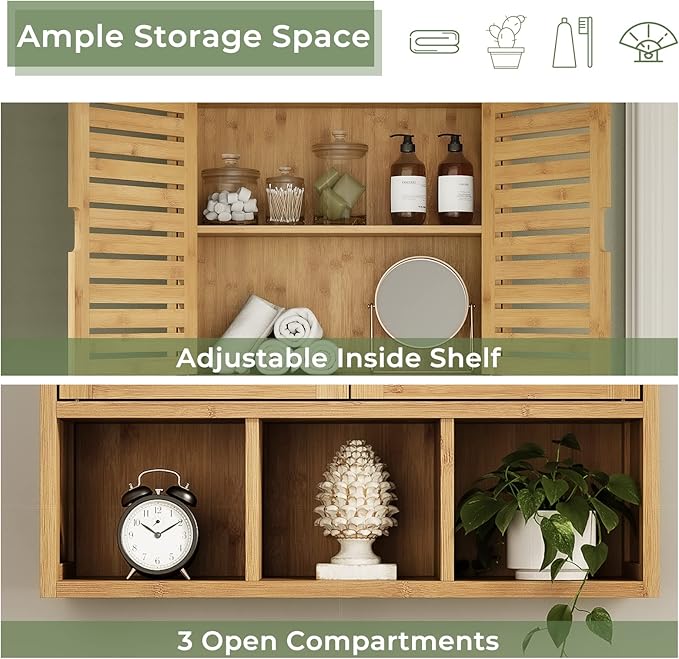 Bathroom Wall Storage Cabinet, Bamboo Medicine Cabinet with Doors and Adjustable Shelves, Bathroom Medicine Cabinet Wall Mount, Wall Mounted Over-The-Toilet Storage Cabinet