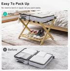 Smuxee Fully Assembled Luggage Rack for Guest Room, Upgraded Bamboo Foldable Suitcase Stand with 5 Nylon Straps, Nature Luggage Holder with Shelf for Bedroom Hotel