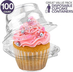 Stock Your Home Individual Plastic Cupcake Containers Disposable with Connected Airtight Dome Lid (100 Count) Clear Single Cupcake Container, BPA Free