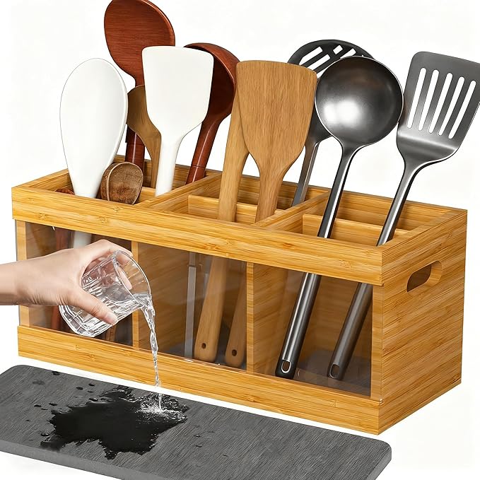 Garvee 12 in Bamboo Utensil Holder for Countertop, Kitchen Cooking Utensil Organizer with 6 Compartments & Diatomaceous Earth Drying Mat, Wood Silverware Caddy for Party Home, Natural