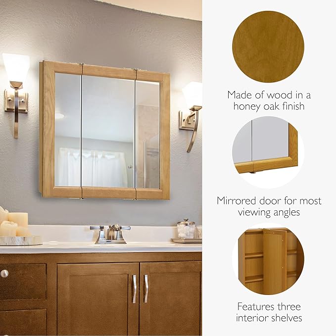 Design House 30 Inch Claremont Bathroom Medicine Cabinet, Wall Mounted, Mirror, Oak, 545301-HOK