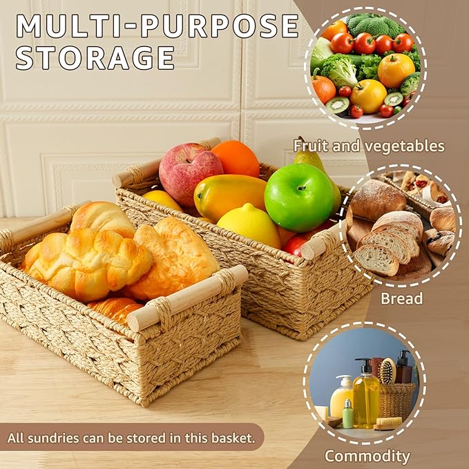 2Pcs Toilet Paper Storage Basket,Toilet Basket Tank Topper with Wood Handle Decorative Toilet Tank Bin,Back of Toilet Organizer,Decorative Paper Rope Basket for Home Bedroom Living Room Bathroom