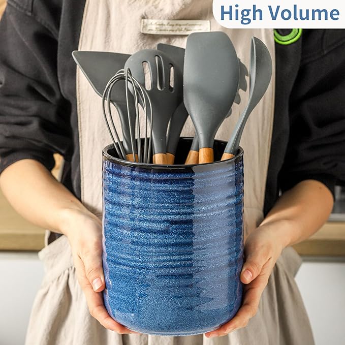 HASENSE Ceramic Utensil Holder, 7.4"+5.5" Kitchen Utensil Holder Crocks for Countertop, Modern Kitchen Tool Organizer for Spatulas, Whisks, and Tongs, Farmhouse Home Decor, Set of 2, Blue