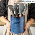 HASENSE Ceramic Utensil Holder, 7.4"+5.5" Kitchen Utensil Holder Crocks for Countertop, Modern Kitchen Tool Organizer for Spatulas, Whisks, and Tongs, Farmhouse Home Decor, Set of 2, Blue