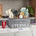 Utensil Holder,Extra Large Wooden Utensil Holder For Kitchen Counter,Cooking Spatula Organizer,Big Storage Caddy With 4 Compartments Flatware Spoon Tool Cutlery（Grey）