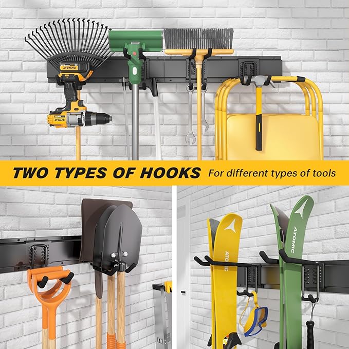 32 Inches Garage Storage, Garage Organization, Wall Mount Garden Tool Organizer, Max 300lbs Adjustable Metal Hooks, Yard Shed Hanging Rack, Heavy Duty Shelving for Rake Broom Mop Snowboard
