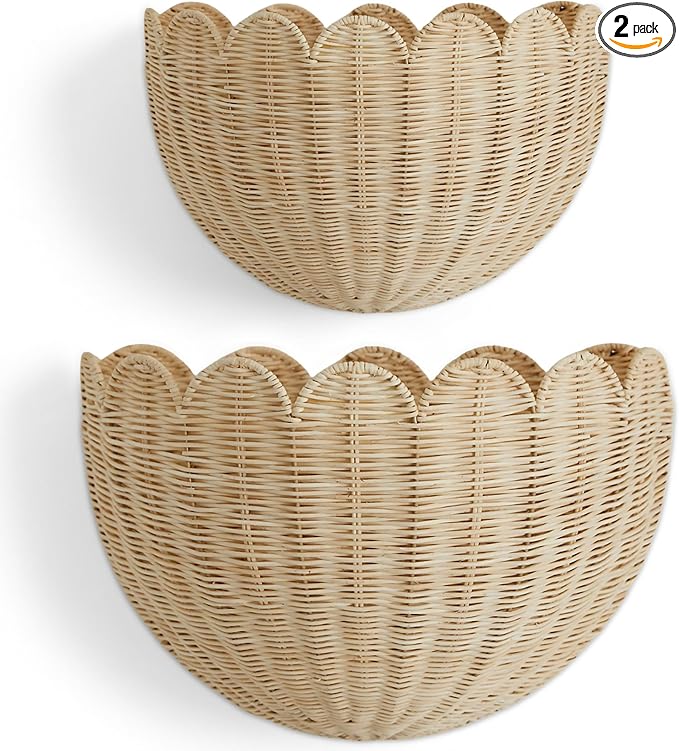BEBE BASK The Original Scalloped Wicker Wall Basket – Set of 2 – Handwoven Scalloped Wall Baskets (16 x 10 x 7 in), Woven Rattan Wall Hanging Baskets - Natural Scalloped Basket
