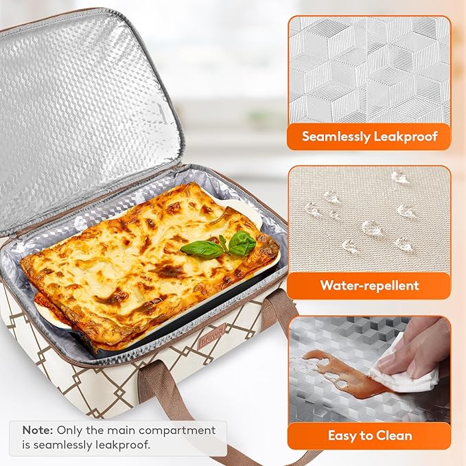 Lifewit Insulated Single Decker Casserole Carrier, Lasagna Lugger Holder for Hot or Cold Food, Fits 9" x 13" Baking Dish, Thermal Lunch Tote Bag for Potluck Parties, Picnic and Cookouts, Cream