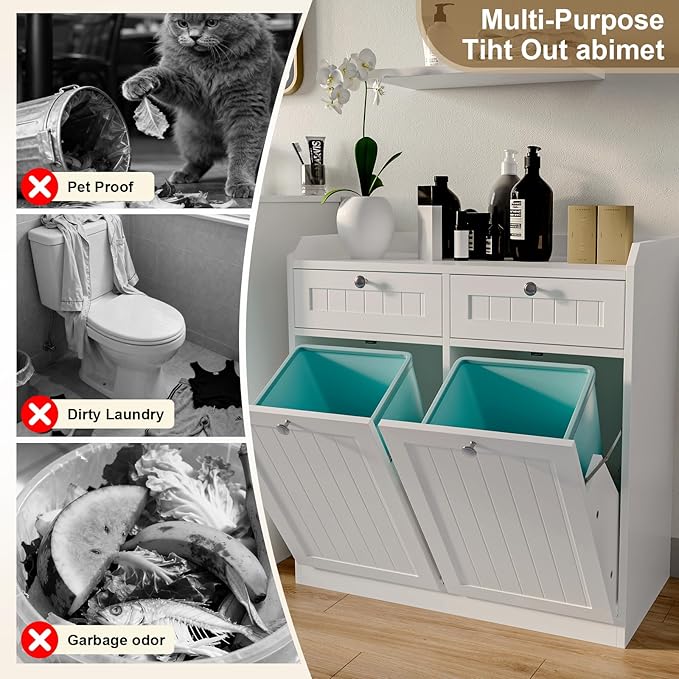 Double Tilt Out Trash Can Cabinet, Dog-Resistant, Fits 13.8"H Bins (Max 11.8"x11.8" Base), Includes Removable Fabric Hamper, Easy Assembly, White for Kitchen & Laundry