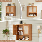 LEYAOYAO Rattan Bathroom Wall Cabinet, Boho Medicine Cabinet with Adjustable Shelf & Doors, Over The Toilet Storage Cabinets Organizer for Laundry Room, Kitchen, Living Room, Tea Brown