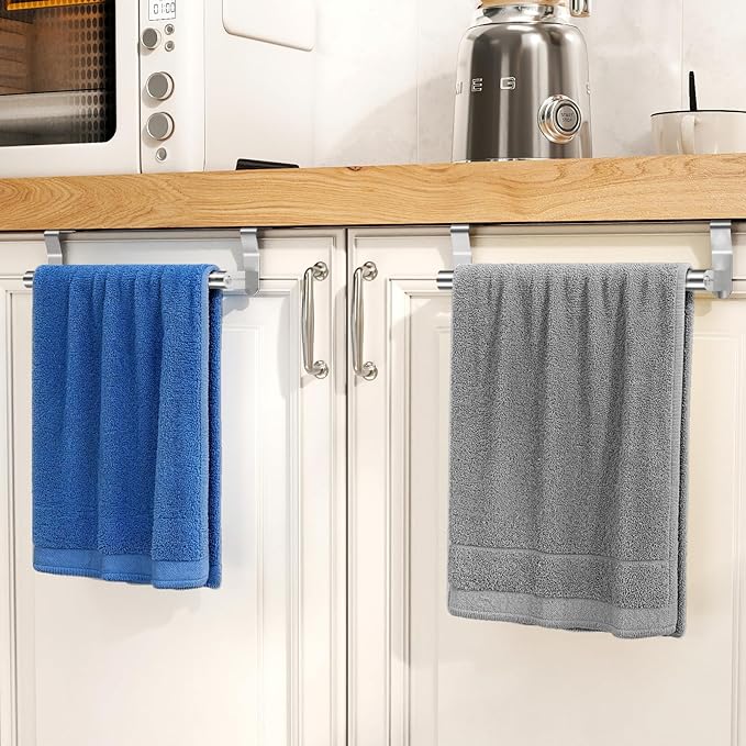 Over Cabinet Towel Holder, Stainless Steel Over The Cabinet Towel Rack for Kitchen Cabinet Doors Towel Bars, 2 Pack Dish Towel Bars (Brushed Nickel)