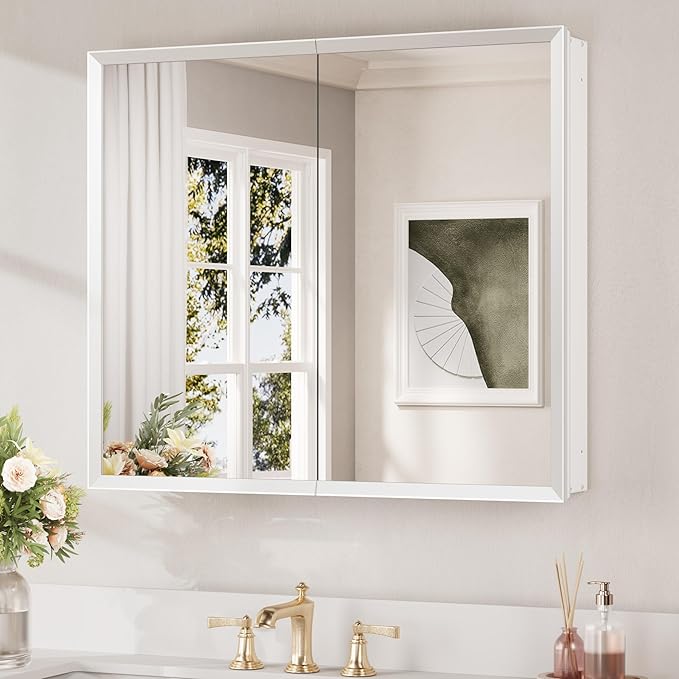 Keonjinn Medicine Cabinet Mirror 30" x 26", Assembly Needed, White Bathroom Mirror with Storage, Beveled Aluminum Frame, Stepless Adjustable Shelves, Surface Mount or in Wall