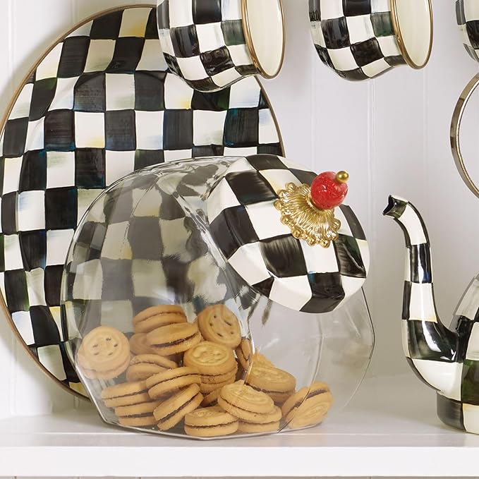 MACKENZIE-CHILDS Cookie Jar with Enamel Lid, Large Glass Treat Jar or Kitchen Jar, 1-Gallon Capacity, Black-and-White Courtly Check