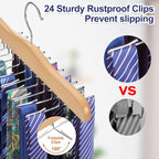 TOPIA HANGER Tie Rack Hanger for Closet, Wooden Tie Organizer for Men with 24 Folding Hooks, Space Saving Necktie Holder for Storage and Display Bra, Tank Top, Camisole (1-Pack), Natural- CT14N