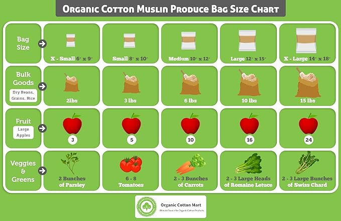 Reusable Produce Bags Cotton Washable - Organic Cotton Vegetable Bags - Cloth Bag with Drawstring - Muslin Fabric Produce Bags - Bread Bag - Set of 6 (2 Large, 2 Medium, 2 Small)
