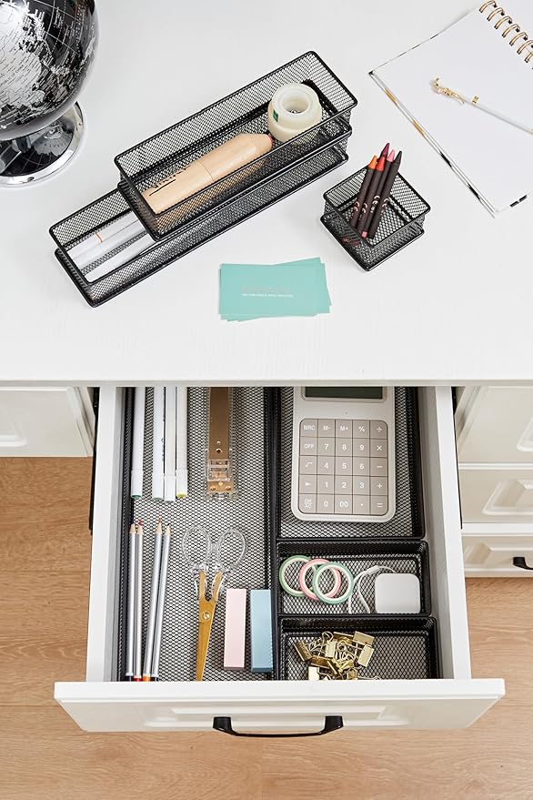 Annova Mesh Drawer Cabinet and Shelf Organizer Bins Storage Basket School Office Supply Holder Tray- Set of 2 (Black, 3x6x2 Inch)