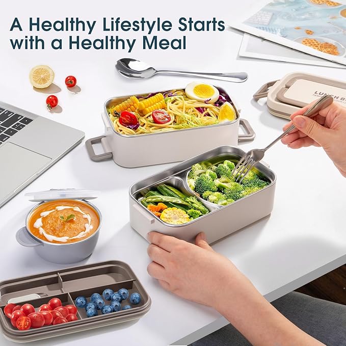 Bento Box Adult Lunch Box, Stackable 2 Layer 304 Stainless Steel Lunch Container for Adults Kids Office, 2L Capacity Portable Lunch Box Containers with Soup Bowl Spoon and Fork