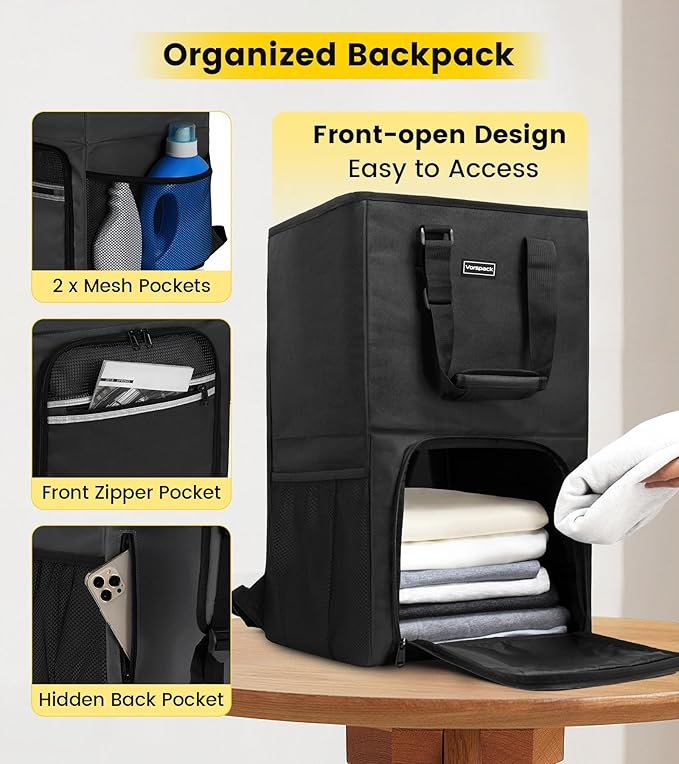 Vorspack Laundry Bag Backpack - Extra Large Laundry Bags with Shoulder Straps Heavy-duty 2 in 1 Laundry Hamper Basket for College Dorm Camp Laundromat Room Essentials - Black