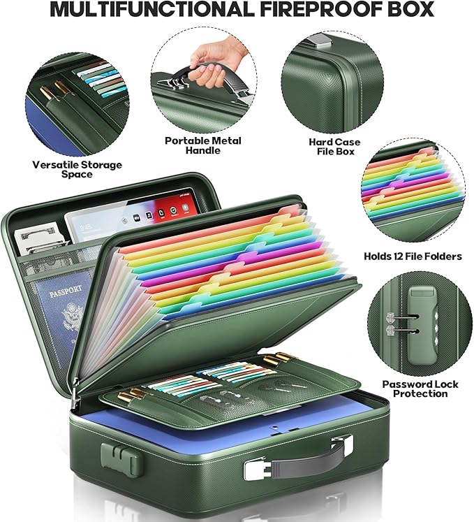 Fireproof Document Box, Hard Case Highly Flame-Resistant Fire Proof Waterproof File Organizer with Lock, Portable Fire Safe for Important Documents & Valuables Storage (Green, ‎15"*11"*5")