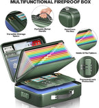 Fireproof Document Box, Hard Case Highly Flame-Resistant Fire Proof Waterproof File Organizer with Lock, Portable Fire Safe for Important Documents & Valuables Storage (Green, ‎15"*11"*5")