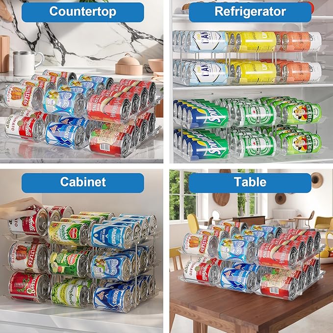 cjc 2 Pack 3 Sets 2 Tiers Clear Can Organizer for Pantry, Holds 48 Cans Stackable Can Organizer for Fridge, Soda Pantry Organizers and Storage Auto-Rolling & Free Combination for Kitchen Cabinet