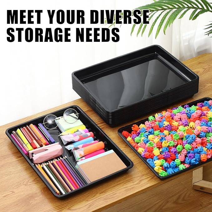 Hoteam 10 Pcs Flat Storage Organizer Tray Bin Letter Size Paper Tray for Classroom Plastic Stackable File Organizer for School Office Teacher Book Organization(Black,16.14 x 11.81 x 1.38 Inch)