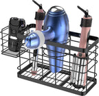 Hair Tool Organizer - Black Steel Wall Mounted Hair Dryer Holder with Removable Basket, 10.62"L x 4.33"W x 6.69"H, Ideal for Small Bathrooms