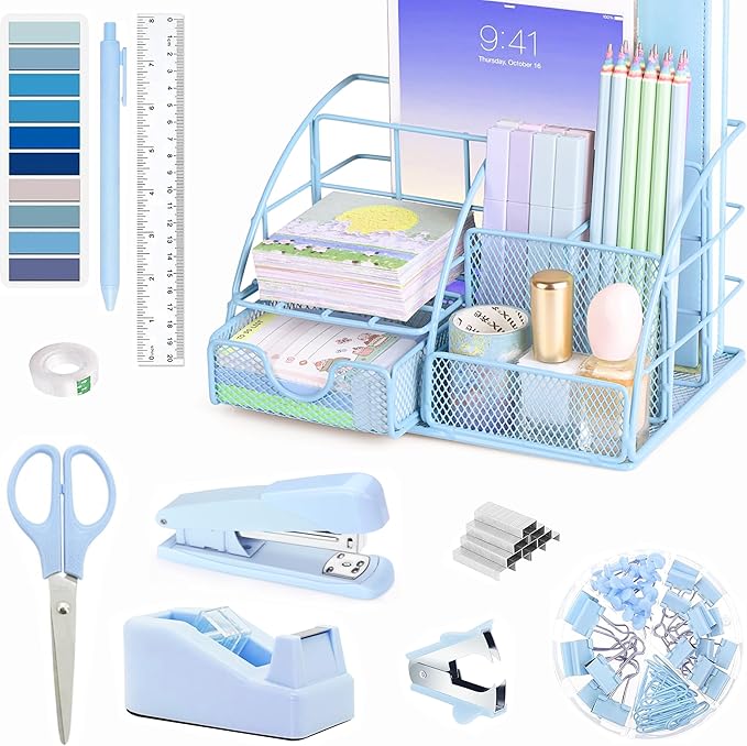 Blue Office Desk Accessories Supplies, 10pcs Desk Organizers and Accessories with Tape Dispenser and Stapler,Staples,Scissor,Ruler,Sticky Tabs,Tape,Ballpoint Pen,Clips Set