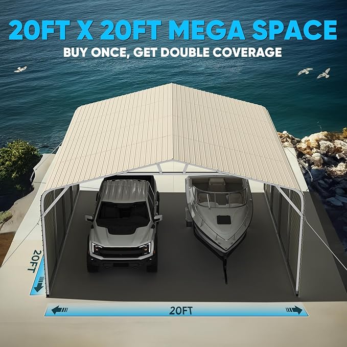 Quictent 20x20 ft Heavy Duty Double-car Metal Carport, Fully Shaded Outdoor Garage Side Canopy with Side Panels and Pre-drilled Holes, Suitable for Parking Cars, Boats and Agricultural Equipment