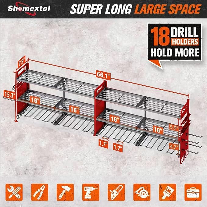 2-Pack Large Power Tool Organizer Wall Mount,Heavy Duty Cordless Tool Organizer with 18 Drill Holder,600 Lbs Capacity 3-Layer Garage Organization for Garage and Workshop (Red)