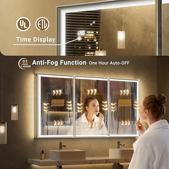 72x30 Lighted Medicine Cabinet with Mirror, Beveled Brushed Nickel Framed Surface or Recessed Fogless Dimmable LED Medicine Cabinet with Outlet, Time Display and Sensor Inner Light
