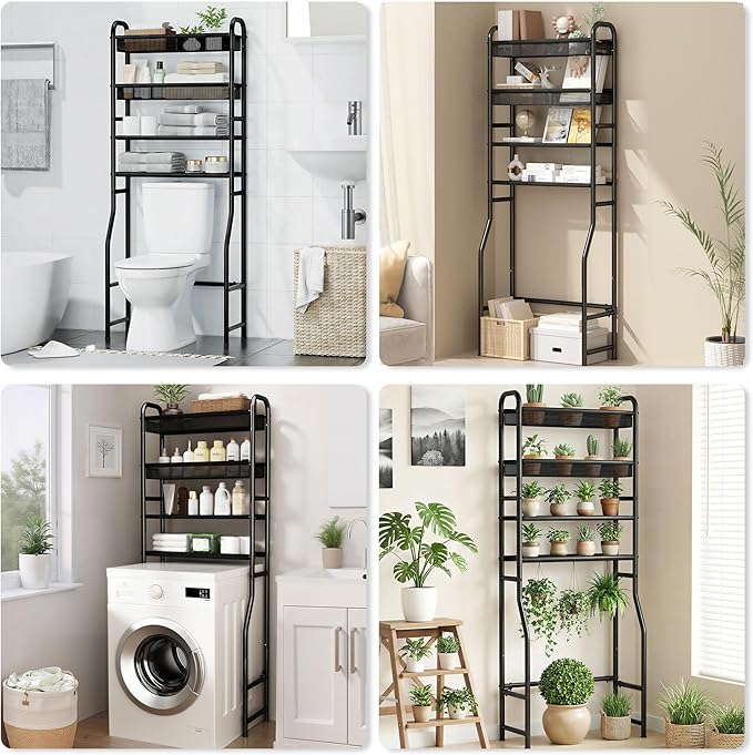 4-Tier Over The Toilet Storage Shelf and Rack | Above Toilet Organizer with Metal Frame & Vinyl Mesh, Space-Saving Unit for Bathroom and Laundry Room, Black