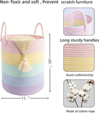 Woven Cotton Rope Laundry basket-15”X20” Laundry Hamper-Rope Storage Basket for Dirty Clothes, Toys and Blankets Perfect for Bathroom, Baby nursery and Living Room Storage (light rainbow)