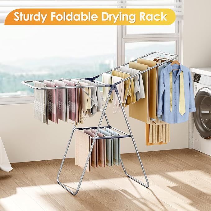 KINGBOARD Clothes Drying Rack,Stainless Steel Laundry Drying Rack with Height-Adjustable, Foldable Gullwing for Easy Storage, No Assembly, Indoor Outdoor Use, 56.4" D x 21.6" W x 39.3" H, Blue