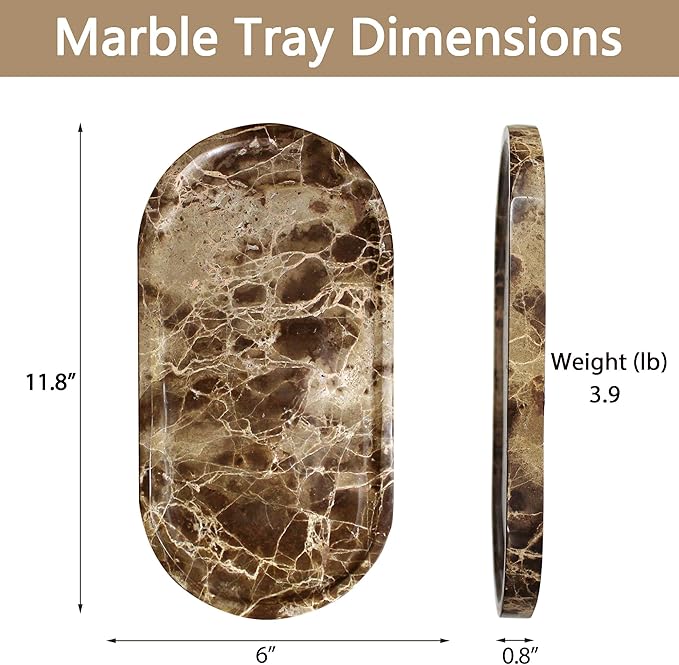 Genuine Real Natural Marble Tray for Bathroom, Luxury Dark Brown Stone Vanity Tray, Decorative Oval Trays for Countertop Storage, Vanity, Dresser, Kitchen, Home Decor, 11.8" x 6", Brown