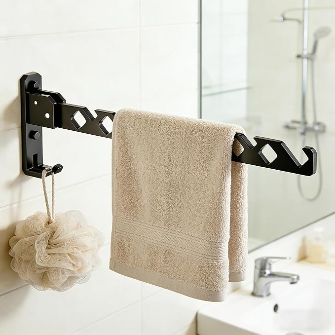 Wall Mounted Clothes Drying Rack Foldable,Laundry Drying Rack,Coat Hanger Stand, Aluminium Bracket Hook for Laundry Room Bathroom Kitchen Balcony Wardrobe RVs,Black 2 Pack